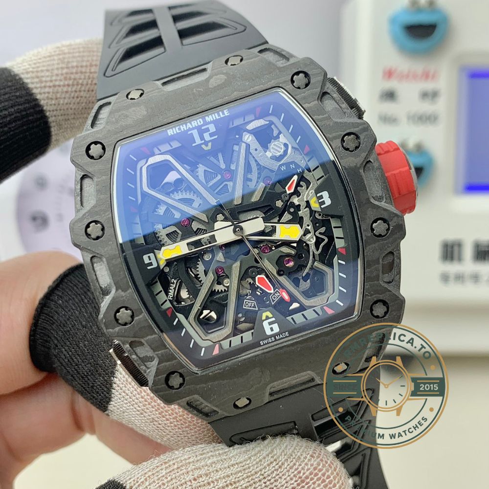 Best Richard Mille replica RM35-03 black carbon fiber skeleton watch front angle detail view luxury automatic watch – best richard mille replica