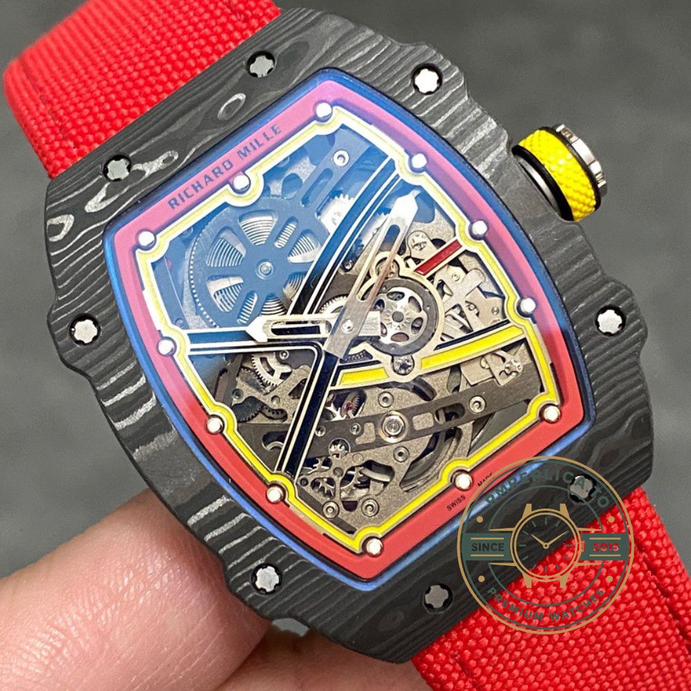 Richard Mille RM67-02 V4 black carbon fiber skeleton watch red strap yellow crown front angle detail view – replica richard mille watch