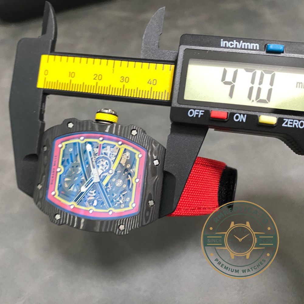 Richard Mille RM67-02 V4 black carbon fiber skeleton watch red strap yellow crown size measurement view 47mm case – richard mille clone
