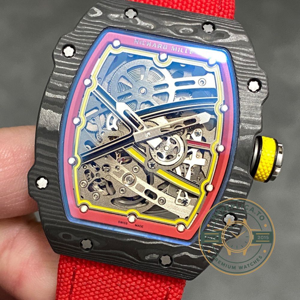 Richard Mille RM67-02 V4 black carbon fiber skeleton watch red mid case red strap side profile thin case view – best richard mille replica