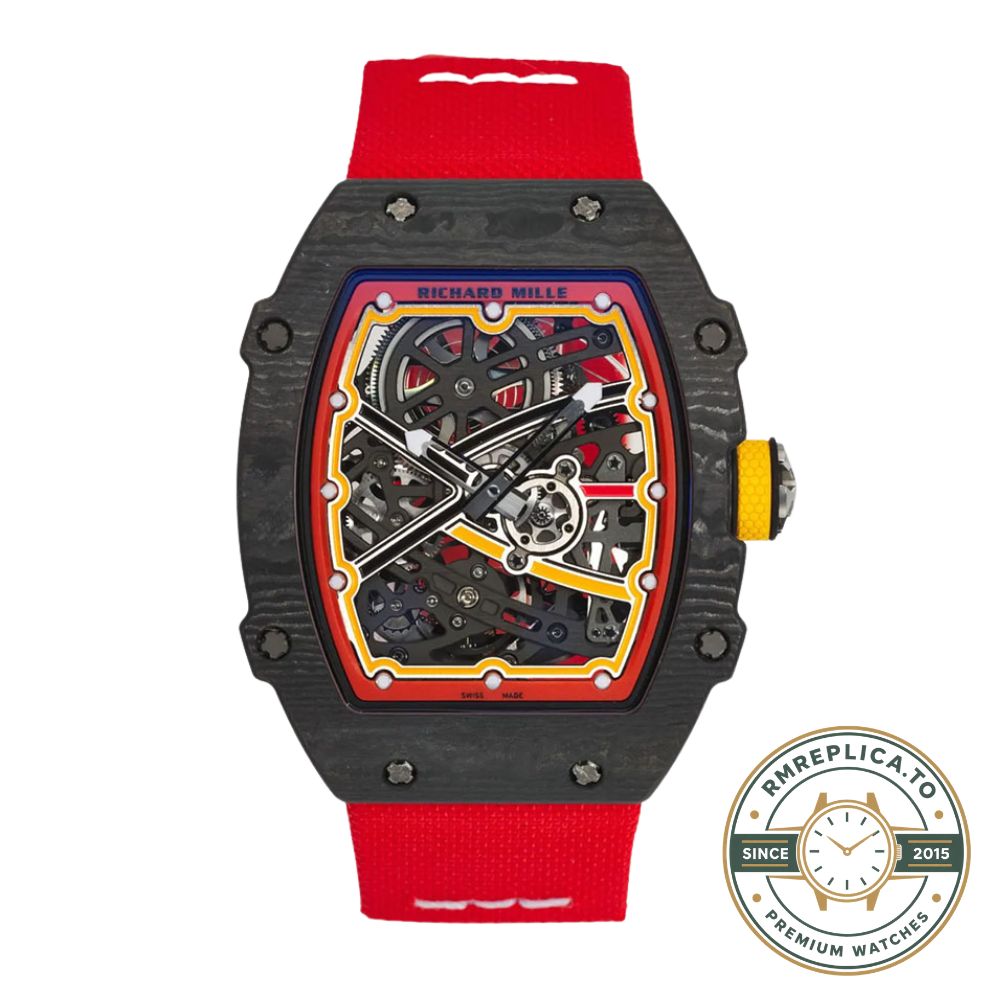 Richard Mille RM67-02 V4 black carbon fiber skeleton watch red mid case red strap side detail thin profile view – richard mille replicas