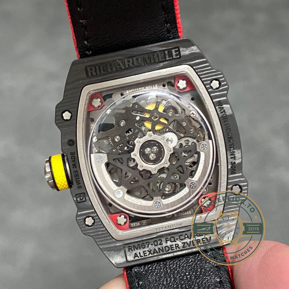 Richard Mille RM67-02 V4 red textile strap black lining detail view velcro strap ultra lightweight luxury watch – richard mille swiss replicas