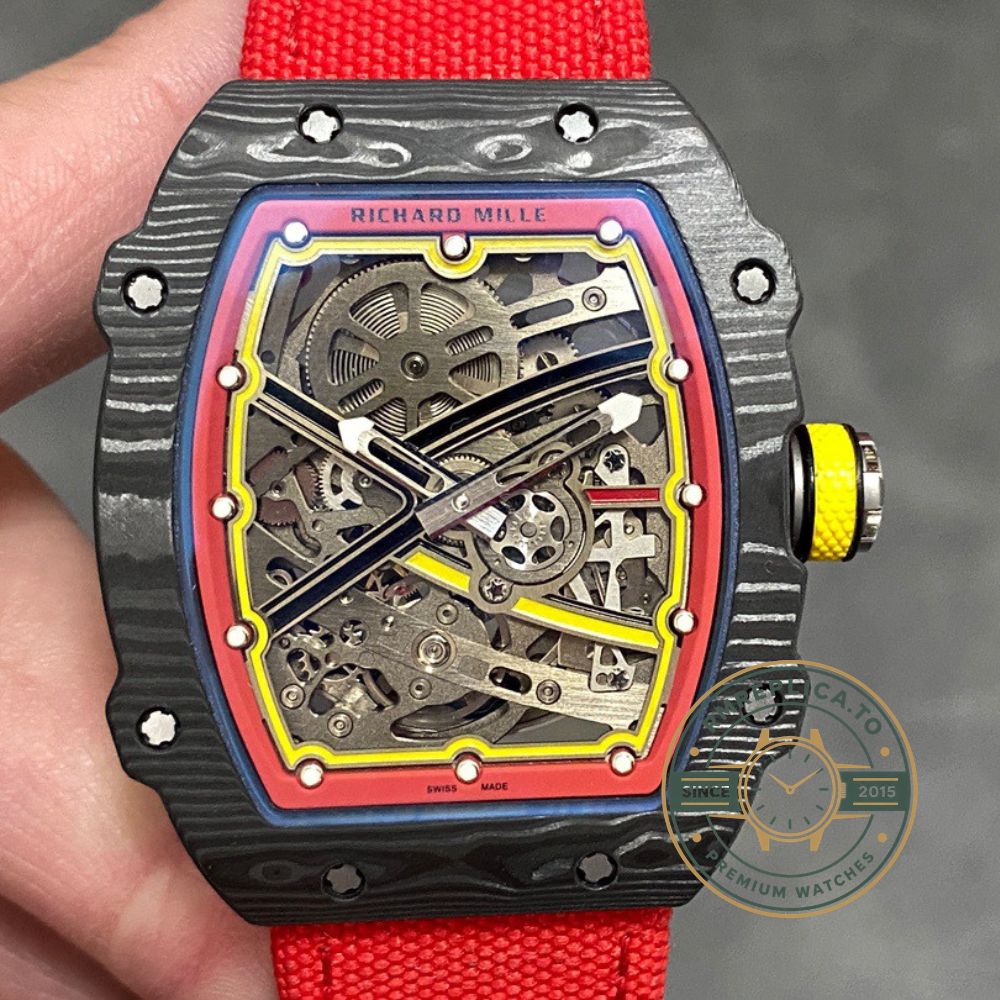 Richard Mille RM67-02 V4 red textile strap black velcro buckle loop detail view ultra lightweight luxury watch – richard mille replica for sale