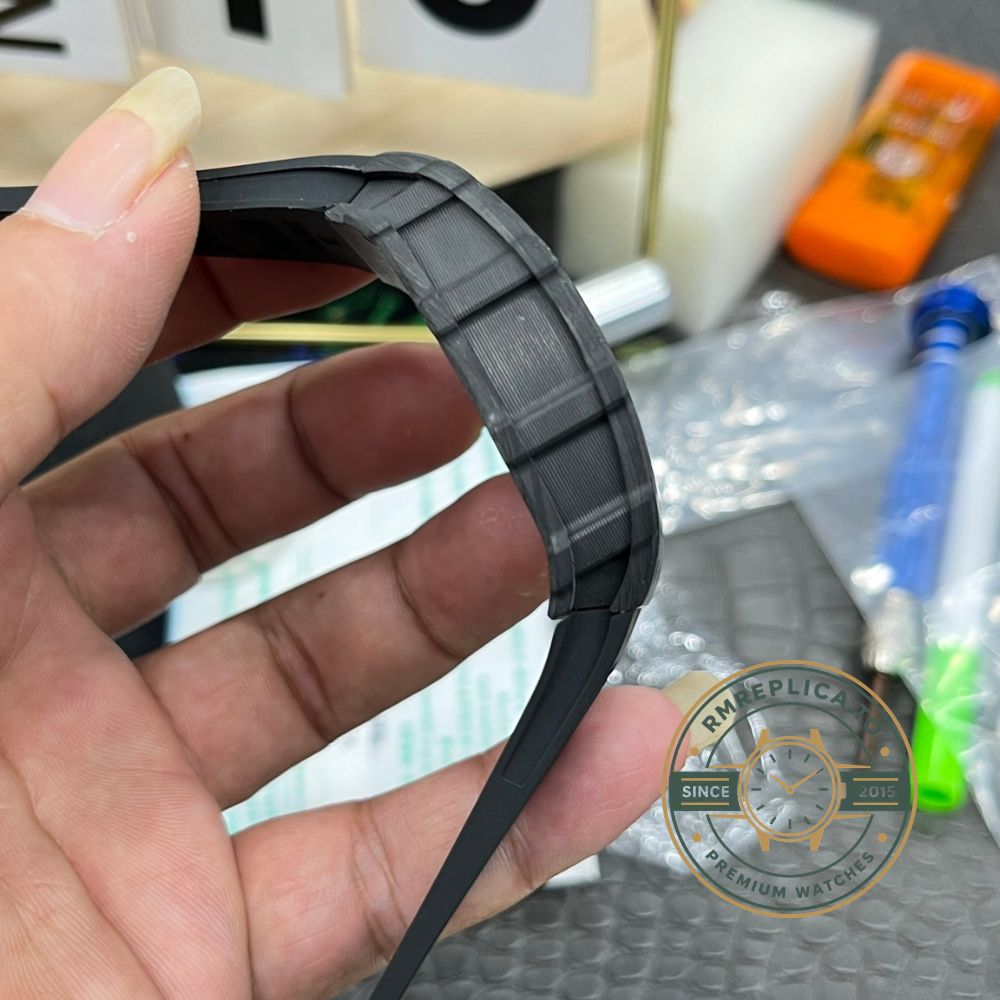 Richard Mille RM35-01 Rafa carbon fiber case red crown black strap crown side detail view – richard mille super clone