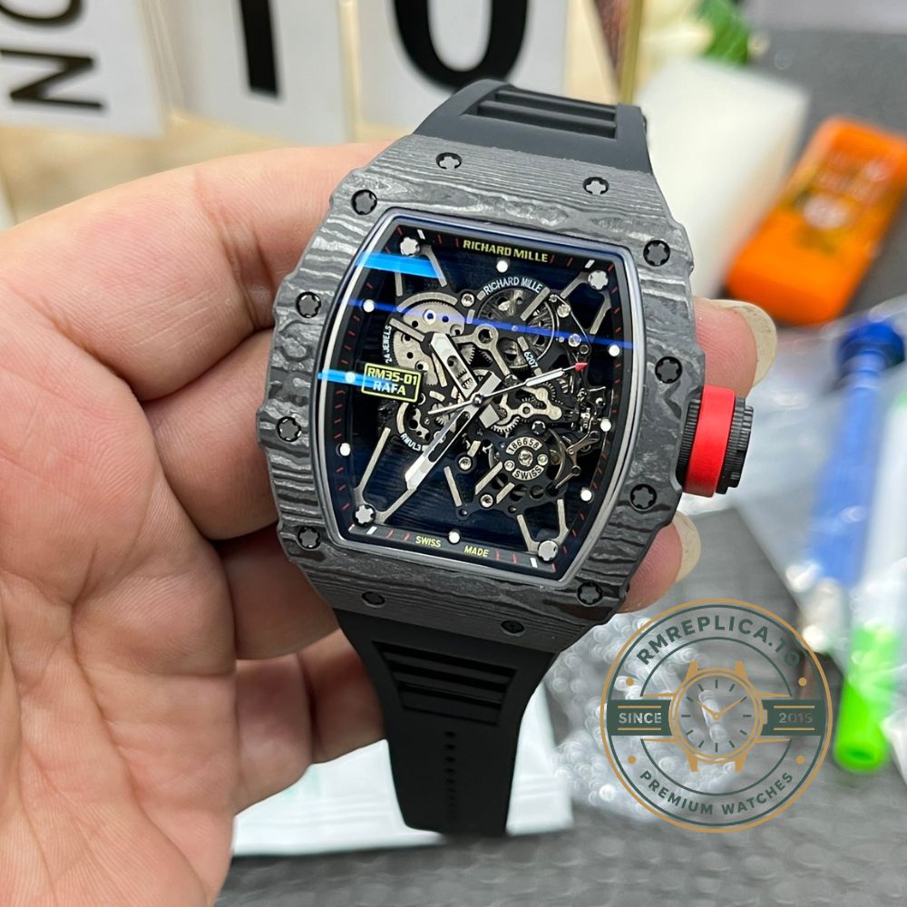Richard Mille RM35-01 Rafa carbon fiber case black strap red crown engraved caseback detail view – richard mille clone