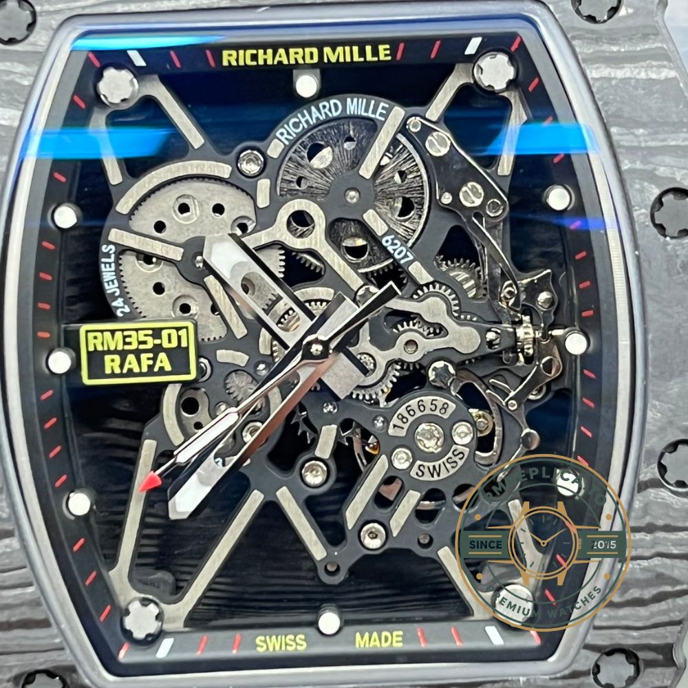Richard Mille RM35-01 Rafa carbon fiber case black skeleton dial red markers skeleton movement dial close-up detail view – richard mille replicas