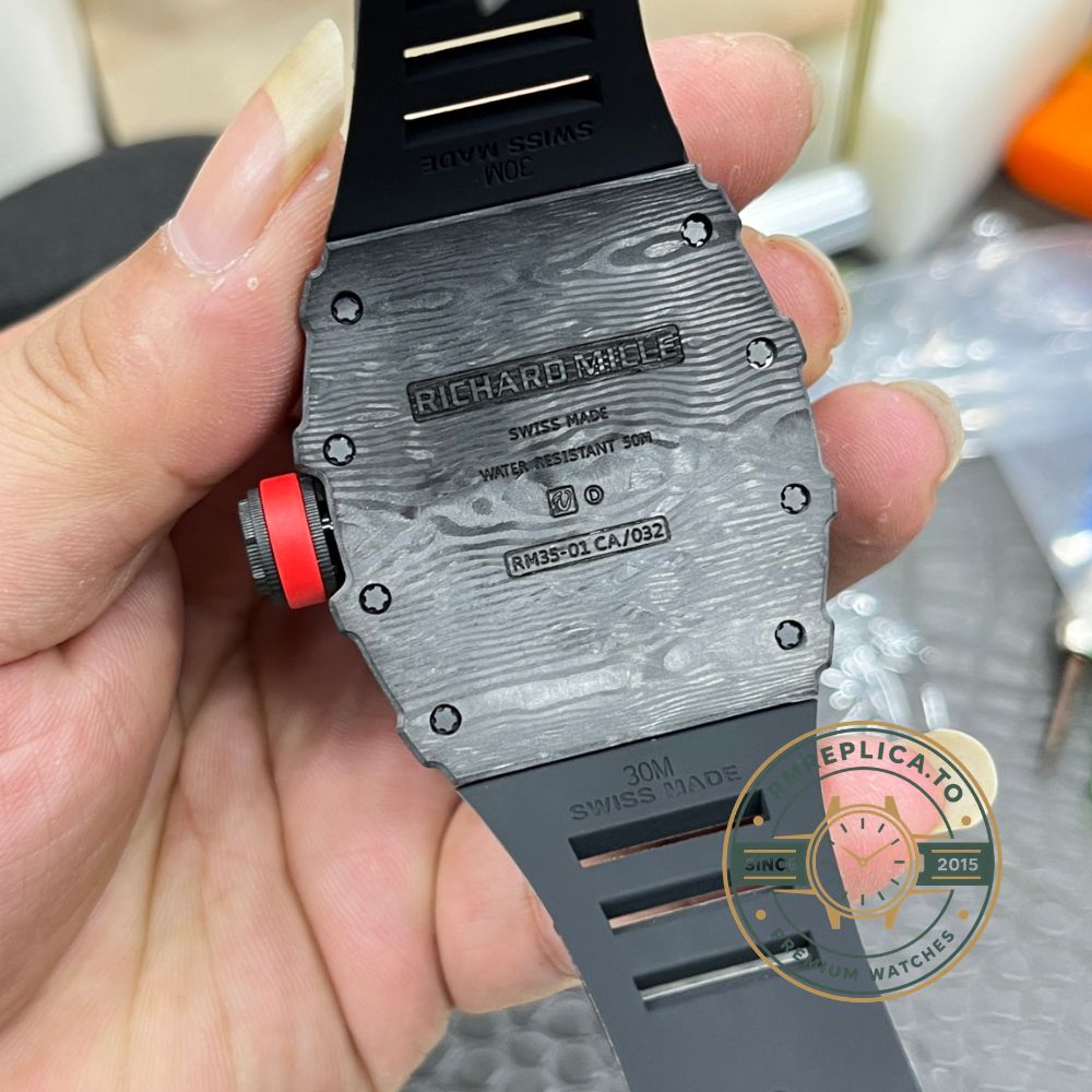 Richard Mille RM35-01 Rafa carbon fiber case black rubber strap case side structure detail view – imitation richard mille
