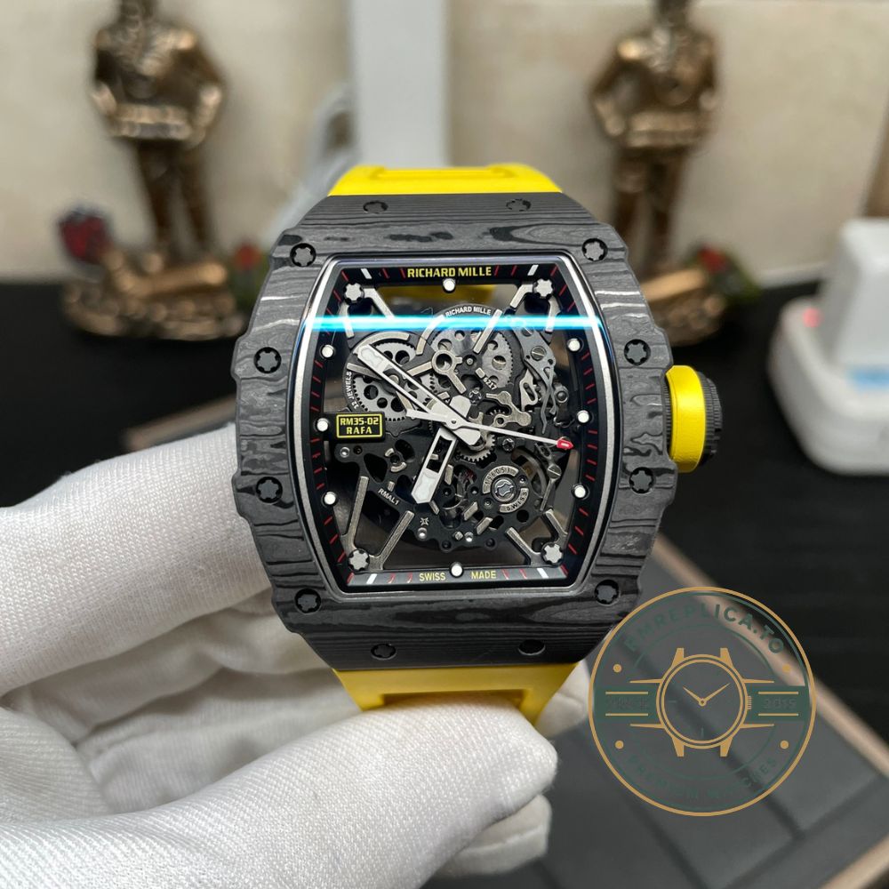Swiss replica Richard Mille RM 35-02 men's watch with skeleton dial and yellow rubber strap front view – richard mille replica