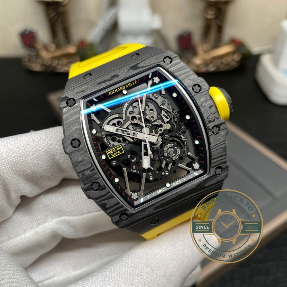 Richard Mille RM35-02 super clone angled view with carbon fiber case and yellow rubber strap – richard mille super clone