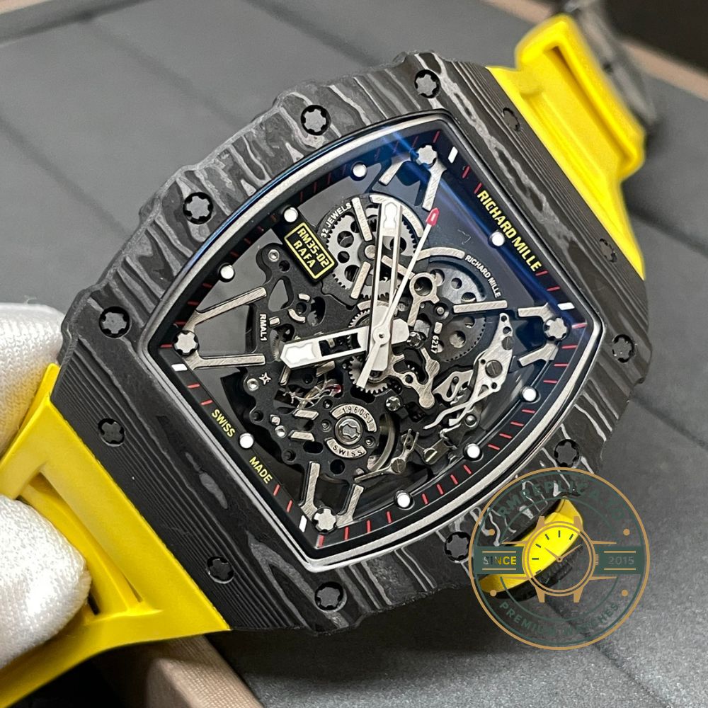 Fake Richard Mille RM 35-02 skeleton dial yellow rubber strap wrist shot luxury sport design – fake richard mille