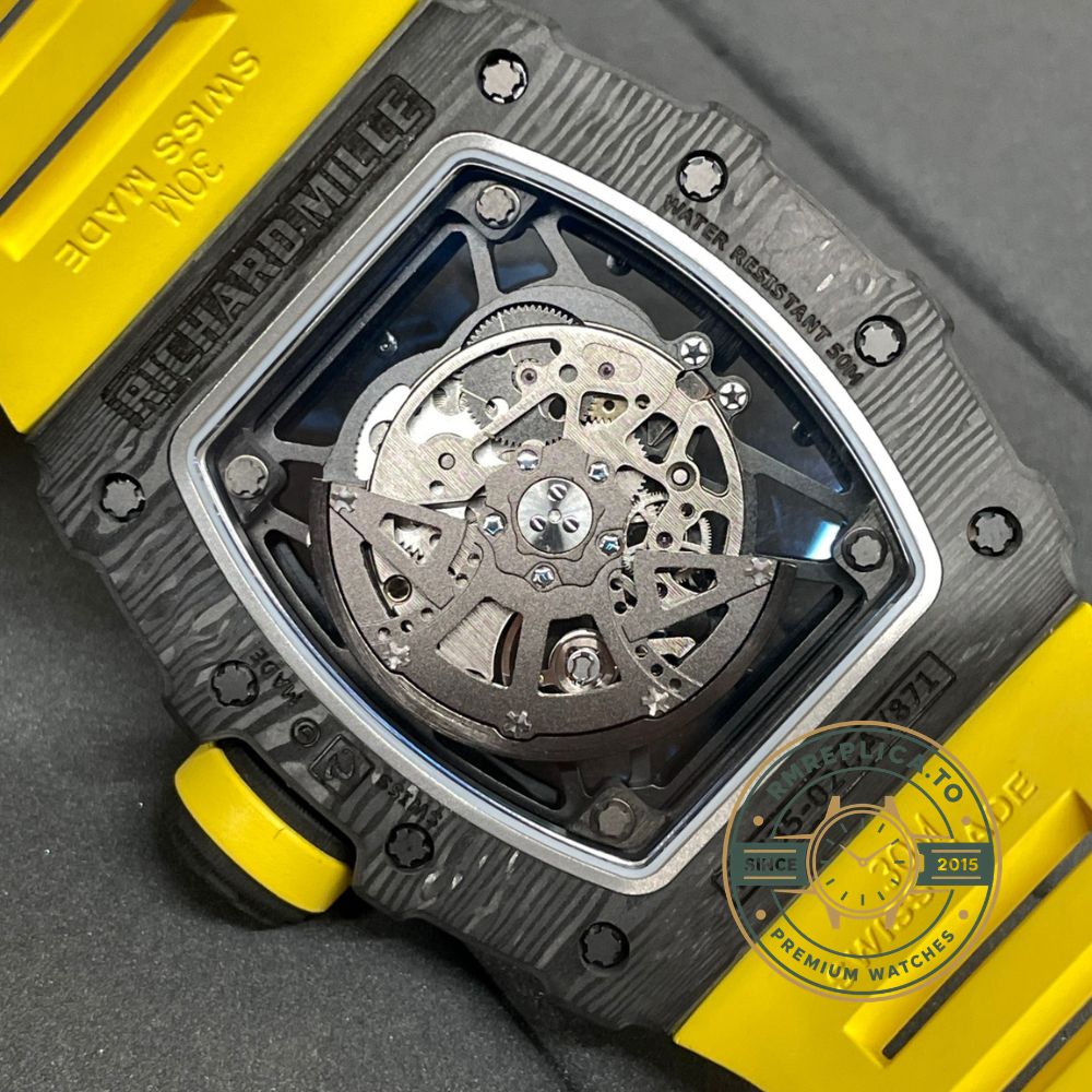 Replica Richard Mille watch RM35-02 skeleton dial detail with black-red racetrack ring and yellow crown – replica richard mille watch