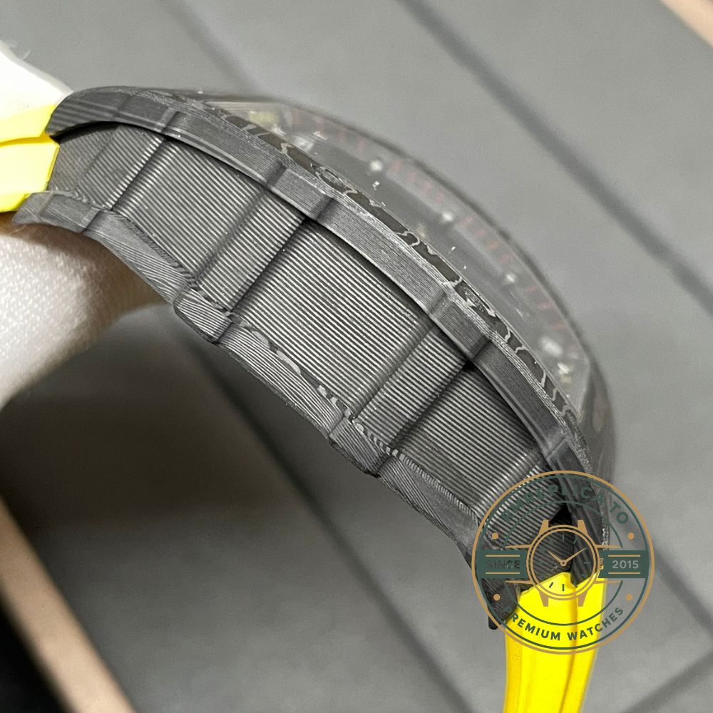 Best Richard Mille replica RM35-02 yellow crown side detail with carbon fiber case – best richard mille replica