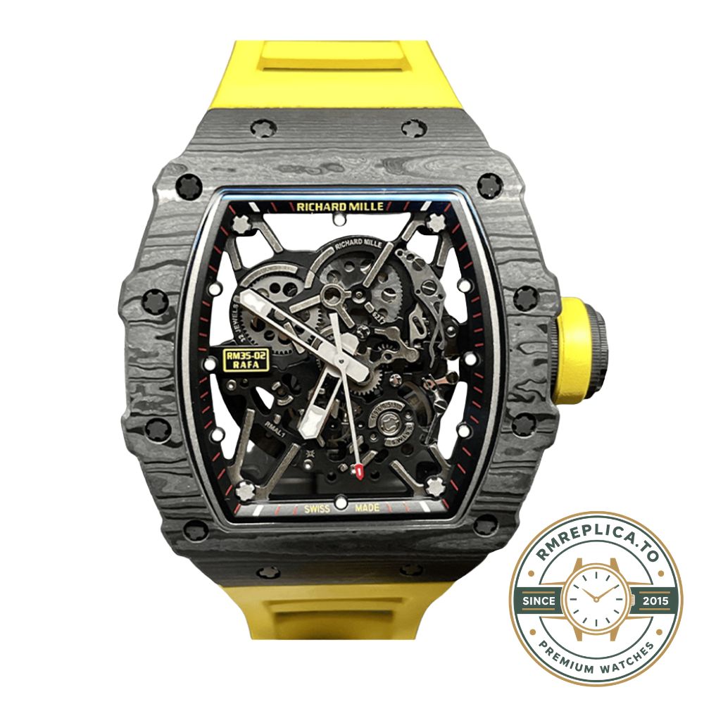 Richard Mille replicas RM35-02 yellow rubber strap detail view luxury sport design – richard mille replicas