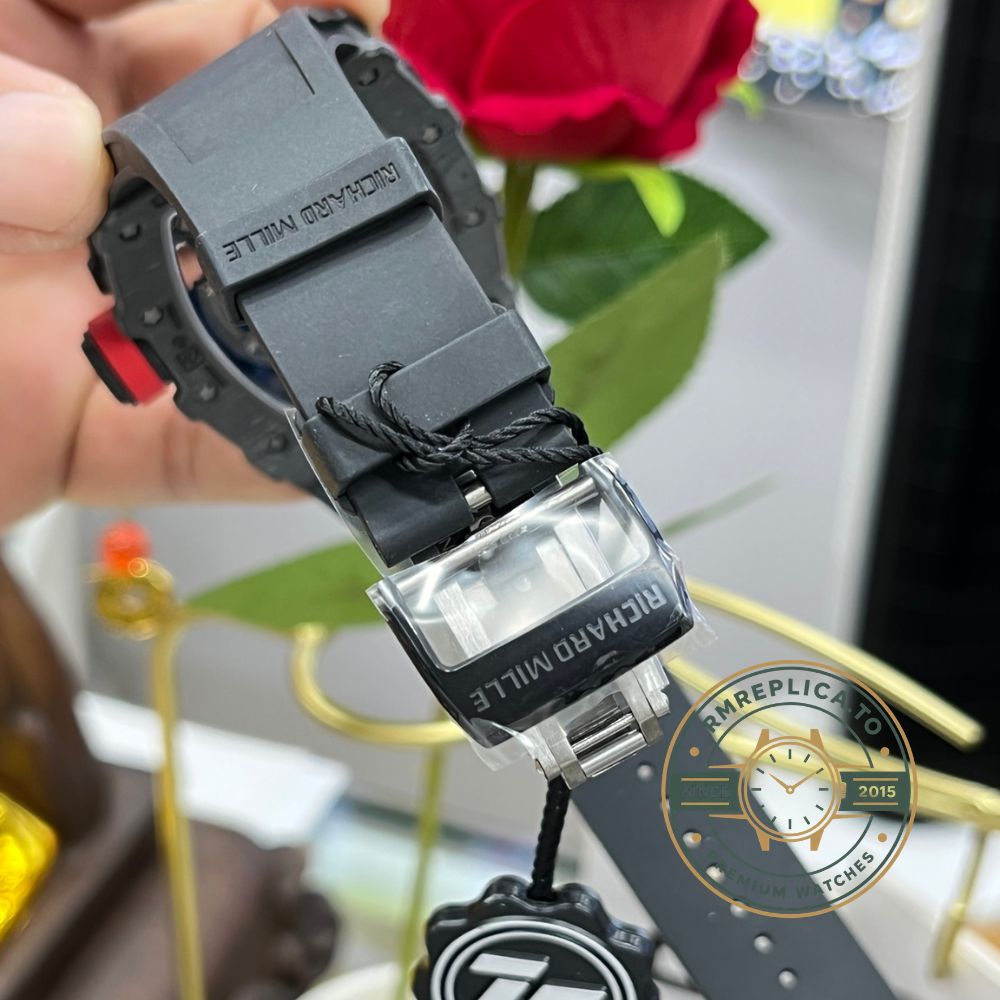 Richard Mille RM35-02 carbon fiber skeleton dial black rubber strap wrist shot front view – richard mille super clone