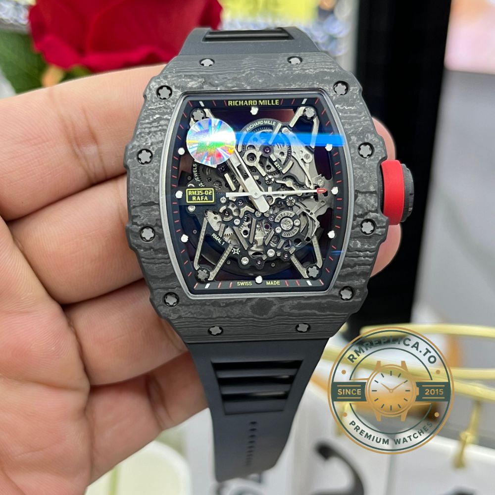 Fake Richard Mille RM35-02 carbon fiber skeleton dial black rubber strap close-up front detail – fake richard mille