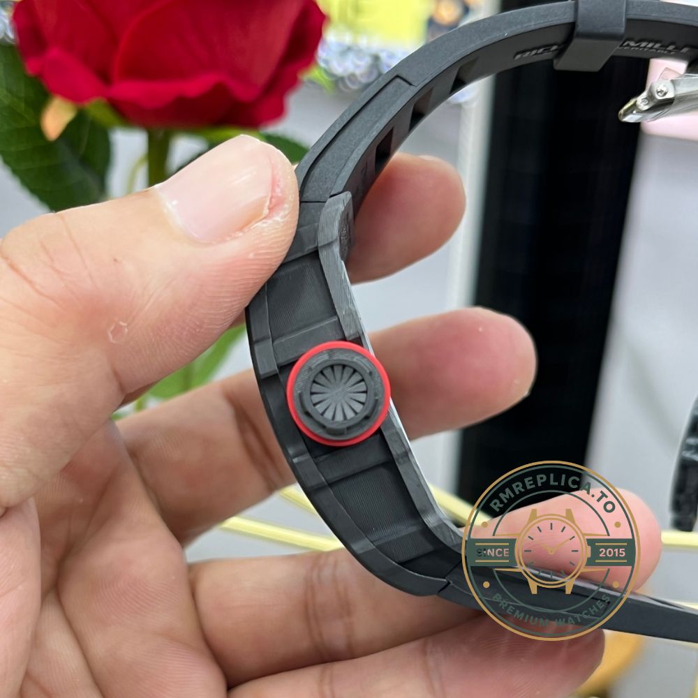 Replica Richard Mille watch RM35-02 carbon fiber skeleton dial detail with black rubber strap – replica richard mille watch