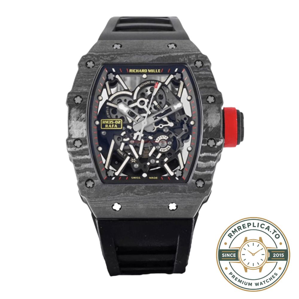 Best Richard Mille replica RM35-02 carbon fiber skeleton dial black rubber strap side angle detail – best richard mille replica