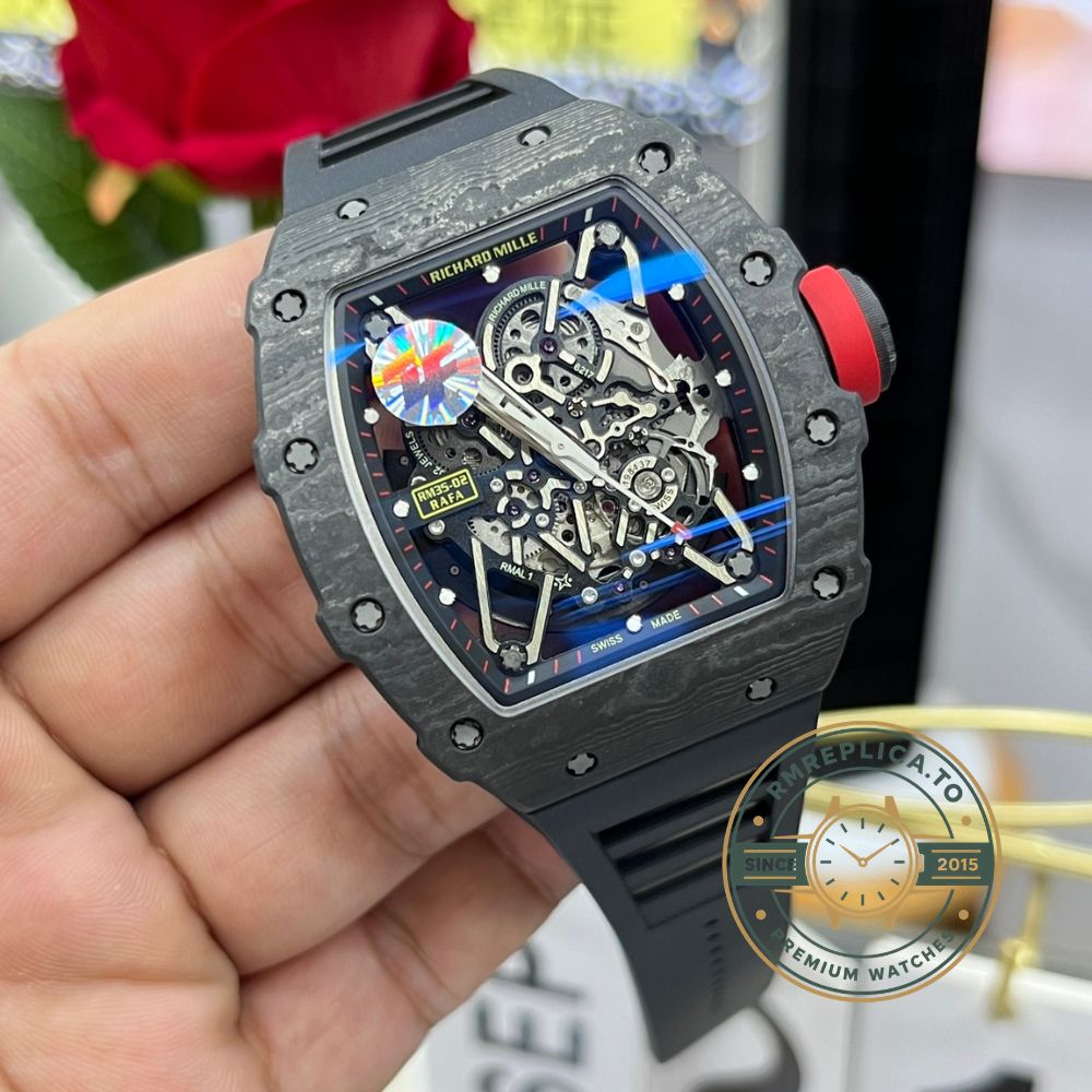 Richard Mille replicas RM35-02 carbon fiber skeleton dial black rubber strap wrist angle view – richard mille replicas