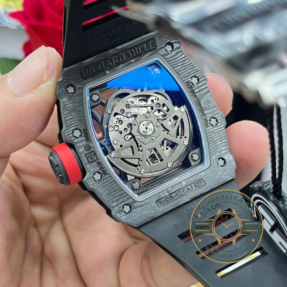 Imitation Richard Mille RM35-02 carbon fiber black rubber strap crown side detail – imitation richard mille