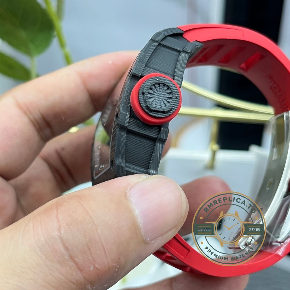 Richard Mille RM35-02 Rafa skeleton watch carbon fiber case red rubber strap front view – richard mille replica