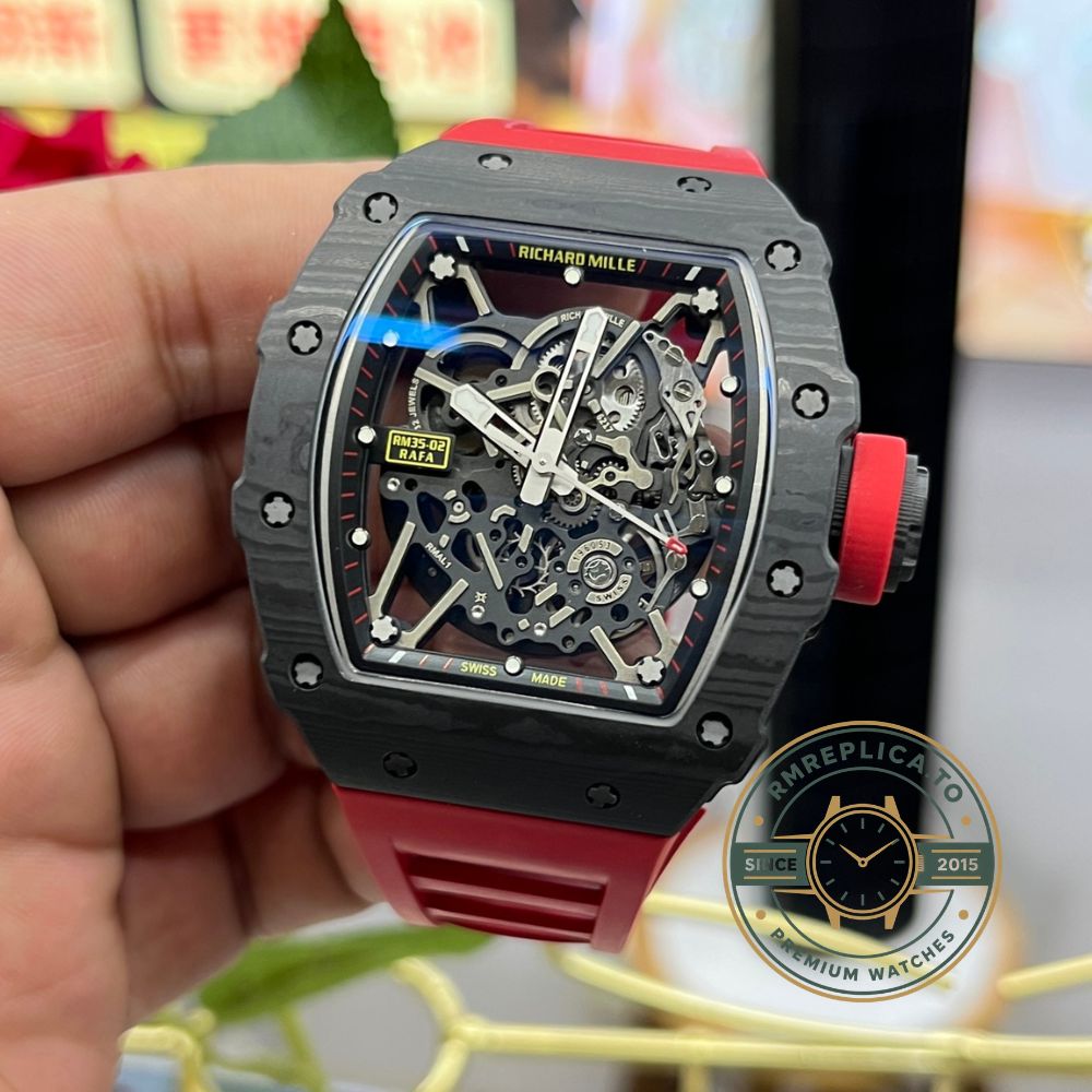 Richard Mille RM35-02 super clone in-hand angle lifestyle detail with red rubber strap – richard mille super clone