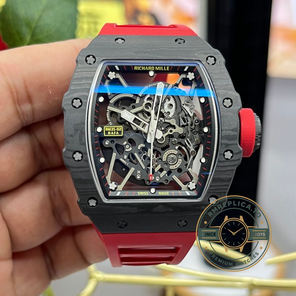 Fake Richard Mille RM35-02 skeleton dial in-hand front angle lifestyle detail – fake richard mille