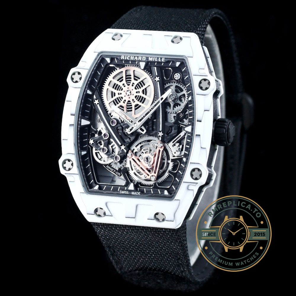 Richard Mille RM27-05 white case black strap tourbillon watch dial detail view – fake richard mille