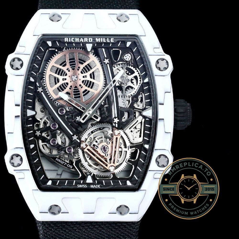Richard Mille RM27-05 white case black strap tourbillon watch movement detail view – replica richard mille watch