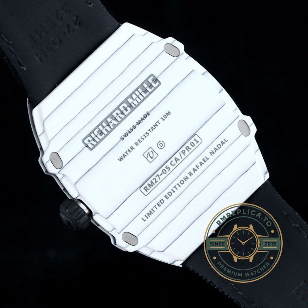 Richard Mille RM27-05 white case black strap tourbillon watch weight display detail view – richard mille replicas