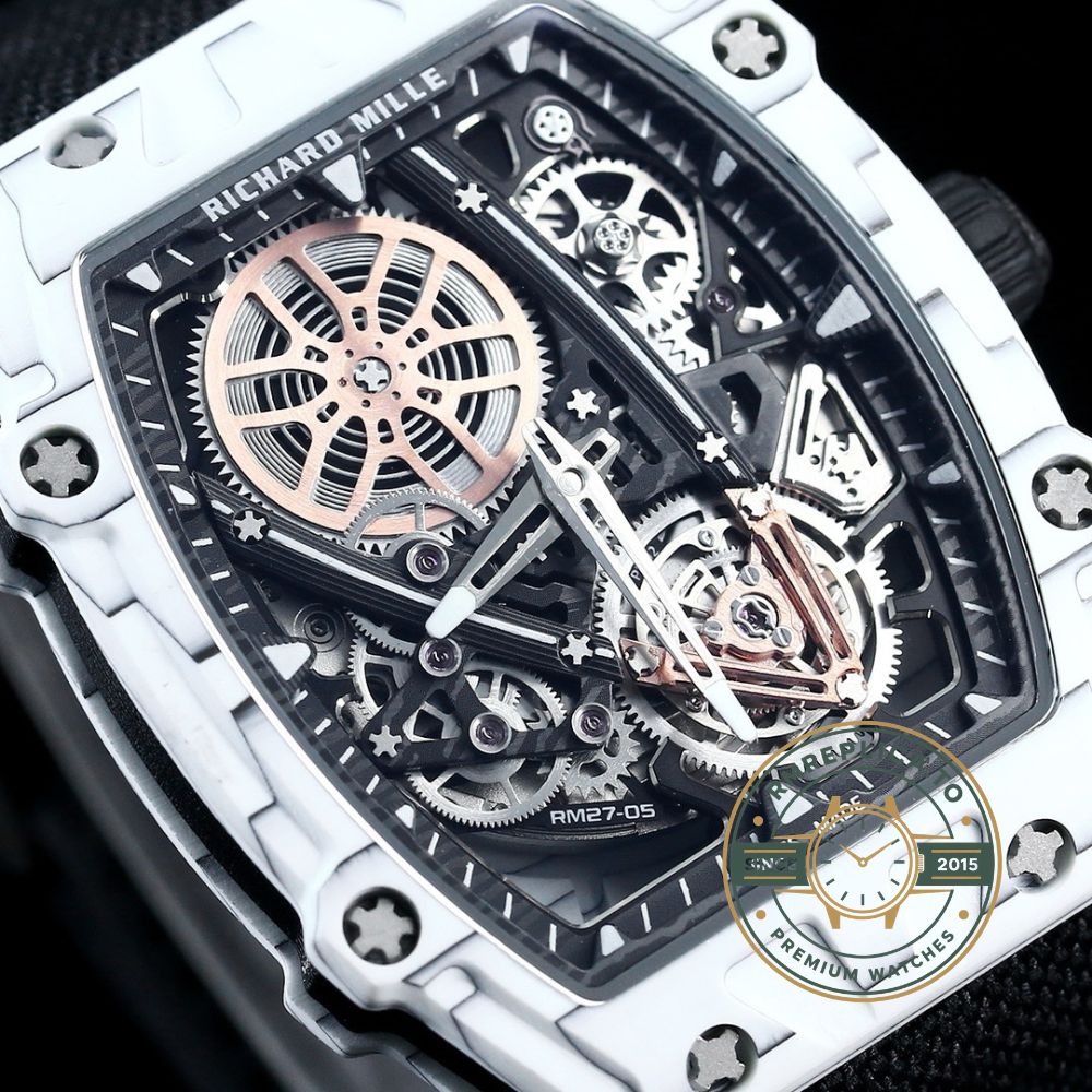 Richard Mille RM27-05 white case black strap tourbillon watch caseback engraving detail view – imitation richard mille
