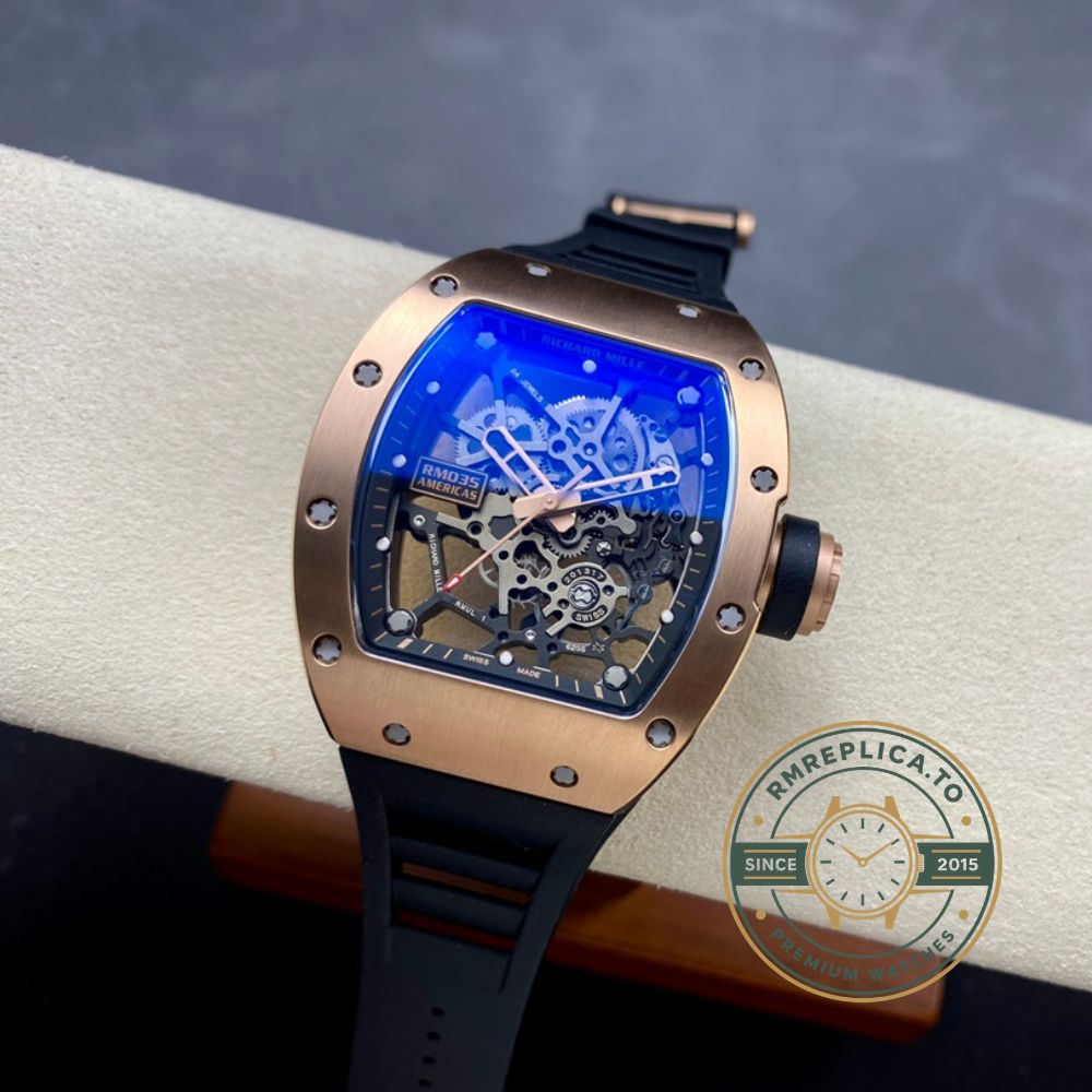 Super Clone Richard Mille RM035 Americas Rose Gold Replica front view with rose gold case and black rubber strap – richard mille super clone