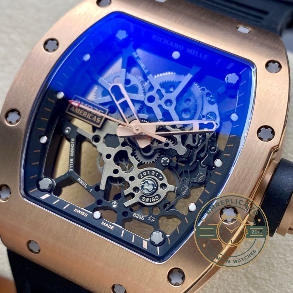 Super Clone Richard Mille RM035 Americas Rose Gold Replica dial detail with skeletonized movement and power reserve indicator – replica richard mille watch