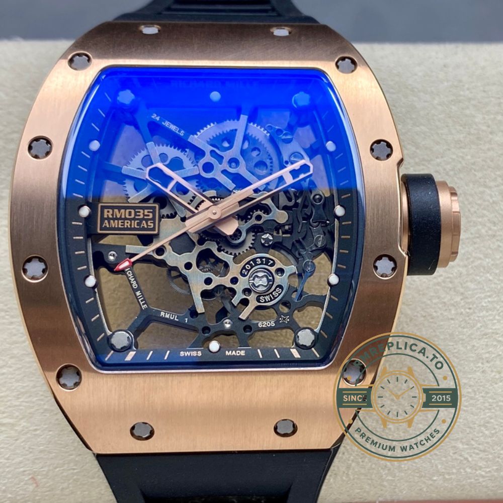 Super Clone Richard Mille RM035 Americas Rose Gold Replica caseback view with exhibition back and movement – richard mille replicas