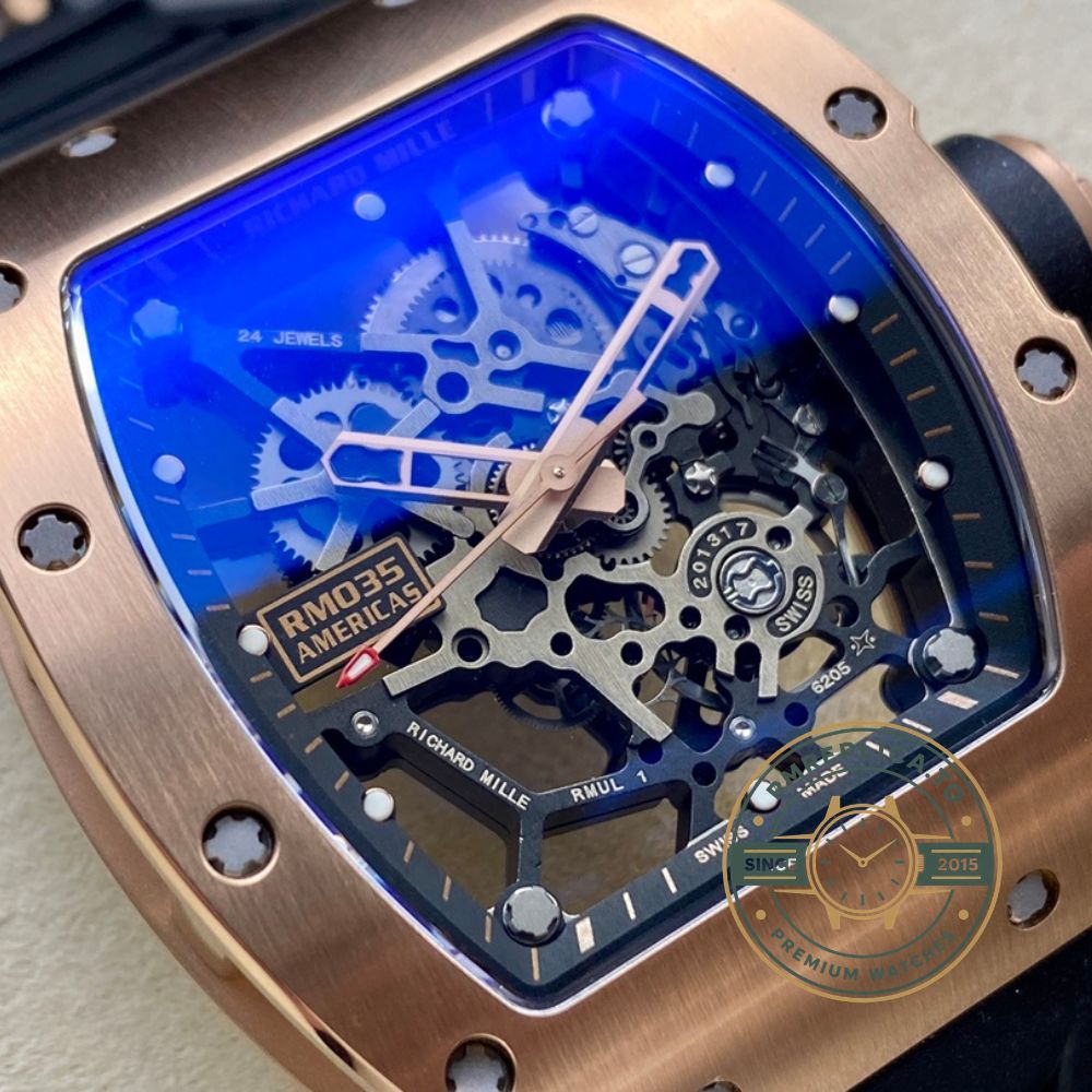 Super Clone Richard Mille RM035 Americas Rose Gold Replica crown detail on rose gold case – imitation richard mille