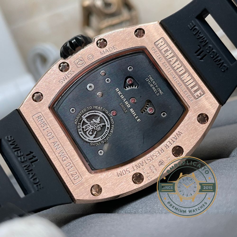 Swiss Richard Mille RM 51-01 Tiger and Dragon Michelle Yeoh replica watch with diamond bezel and black rubber strap front view – richard mille replica