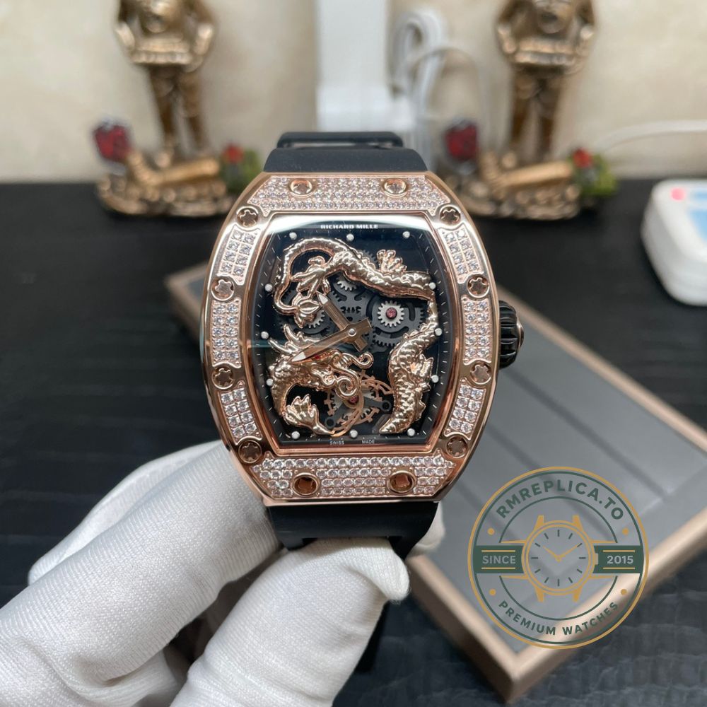 Richard Mille RM 51-01 Tiger and Dragon super clone angled view with 3D golden dragon sculpture and diamond bezel – richard mille super clone