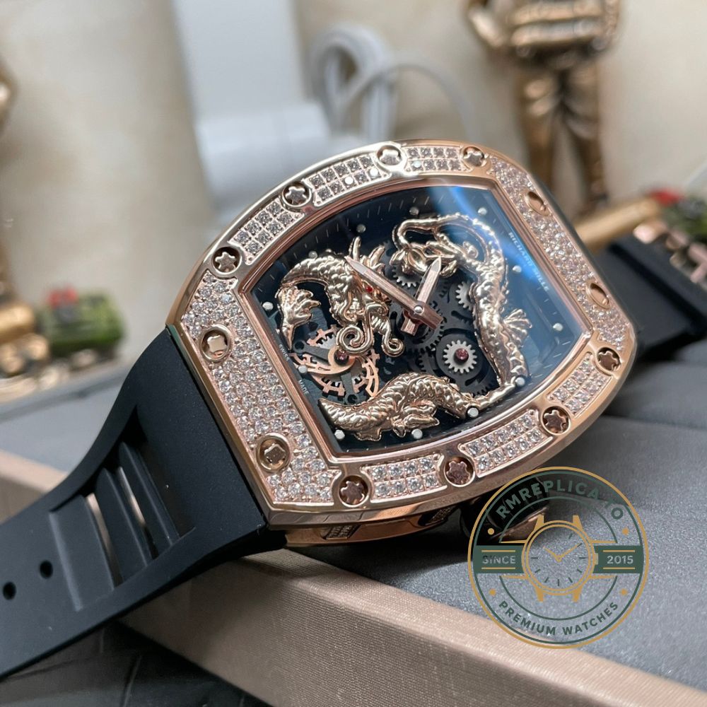 Fake Richard Mille RM 51-01 Michelle Yeoh watch dial detail with golden dragon sculpture and skeletonized tourbillon – fake richard mille