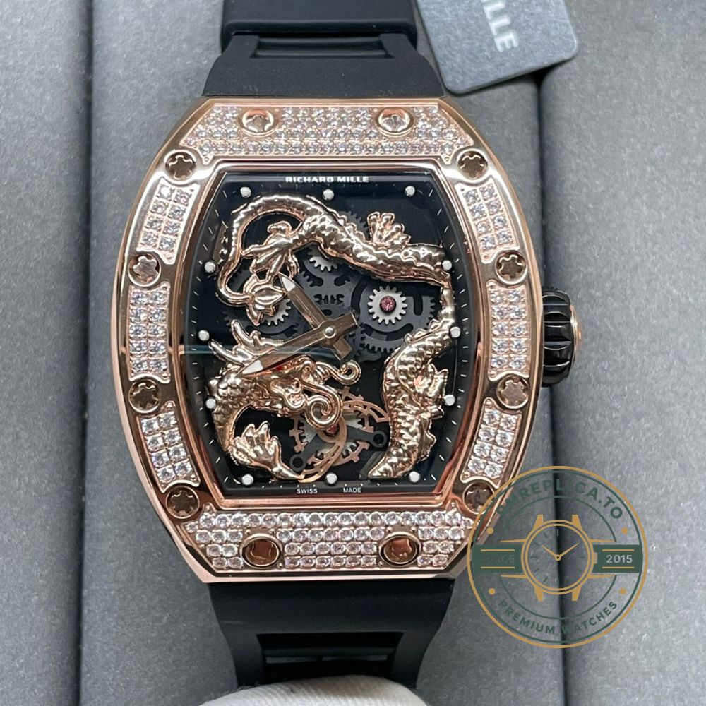 Replica Richard Mille watch RM 51-01 diamond-set rose gold bezel detail with black rubber strap – replica richard mille watch