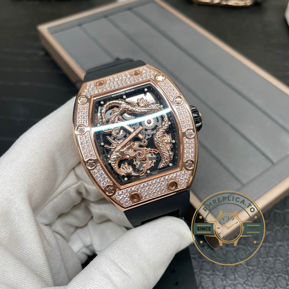 Best Richard Mille replica RM 51-01 stainless steel rose gold plated case side view with diamond bezel – best richard mille replica