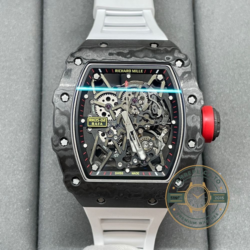 Swiss Richard Mille RM 35-02 Rafael Nadal replica watch with skeletonized dial and white rubber strap front view – richard mille replica