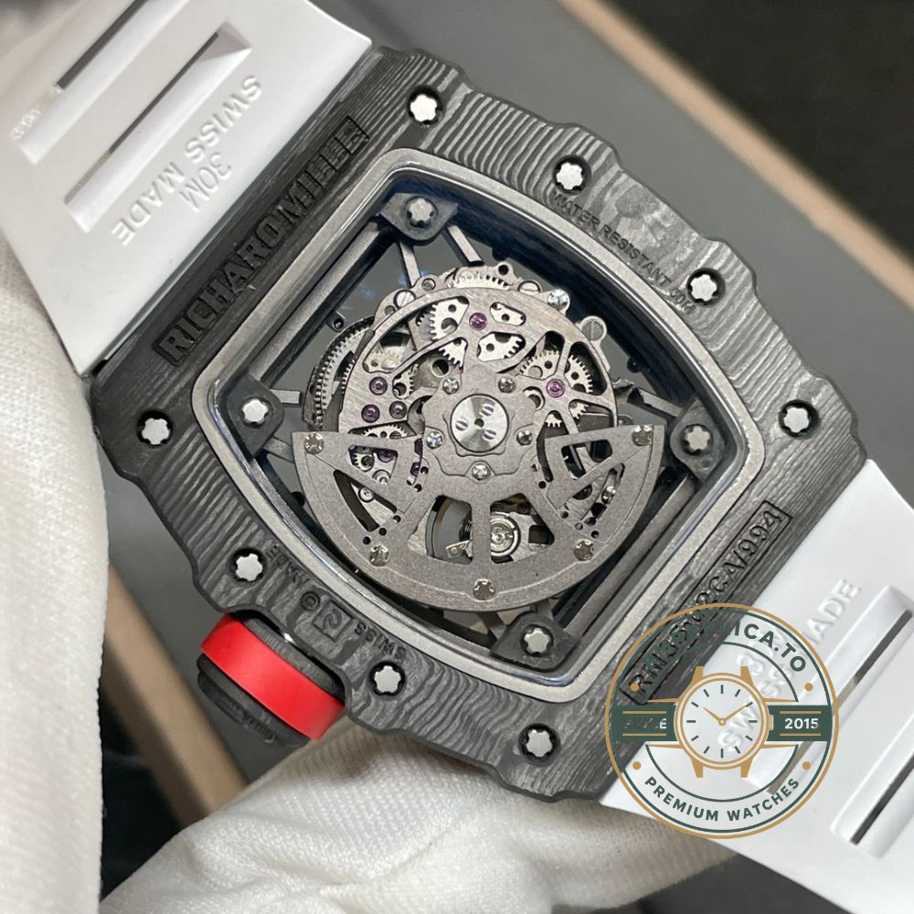 Fake Richard Mille RM 35-02 Rafael Nadal skeletonized dial detail with tourbillon and RM35-02 RAFA inscription – fake richard mille