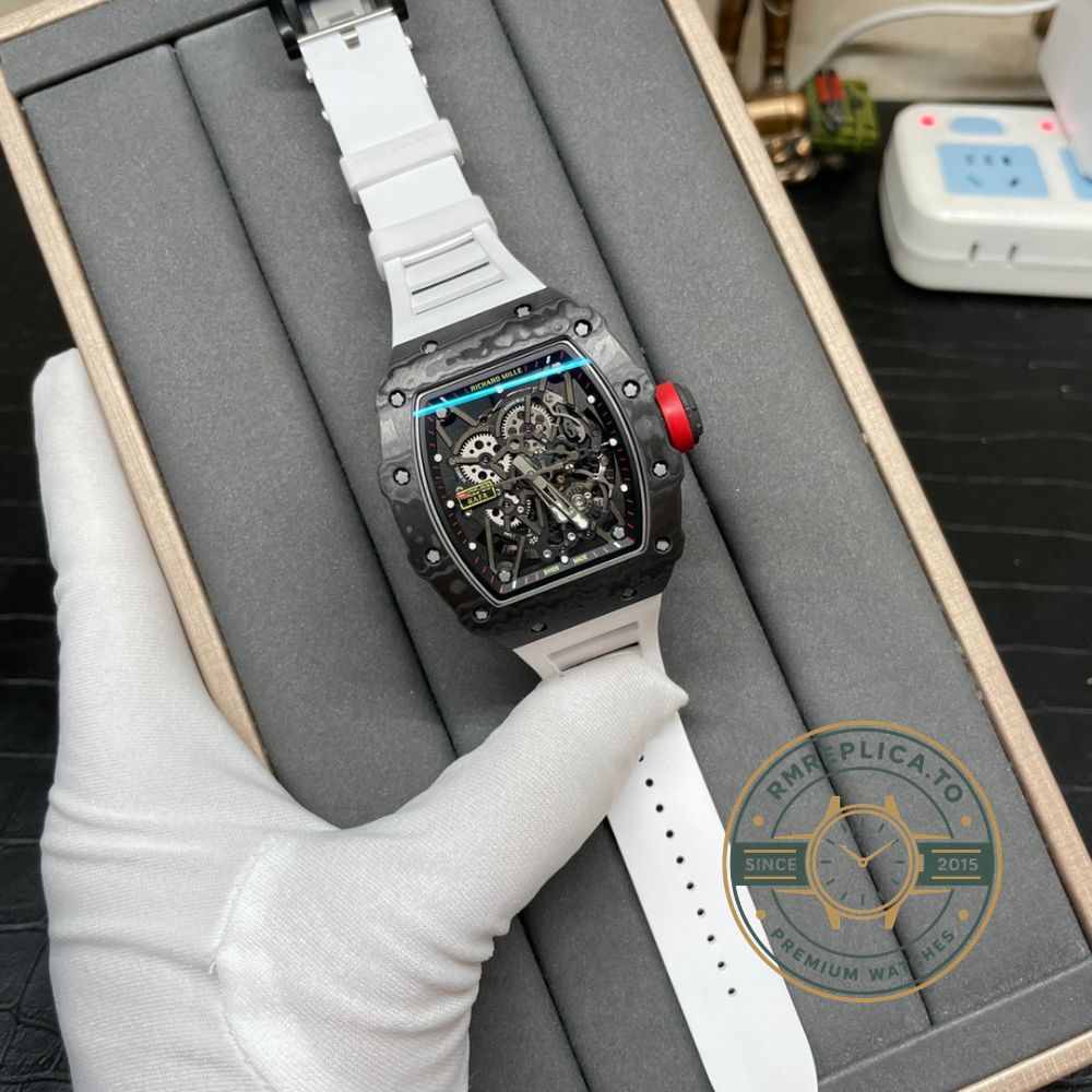 Imitation Richard Mille RM35-02 Rafael Nadal on wrist lifestyle shot with white rubber strap – imitation richard mille