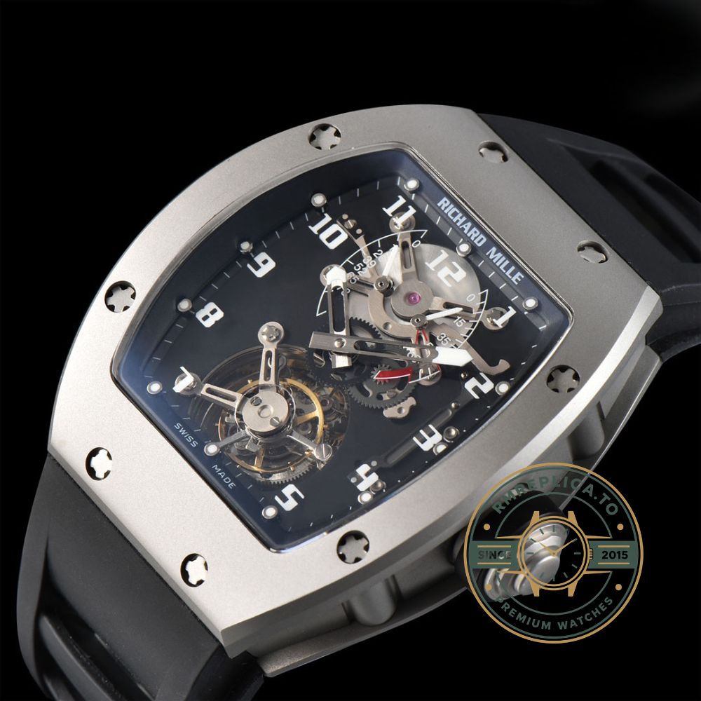 Fake Richard Mille RM001 Tourbillon Super Clone dial detail with 3D layered sapphire and skeleton design – fake richard mille
