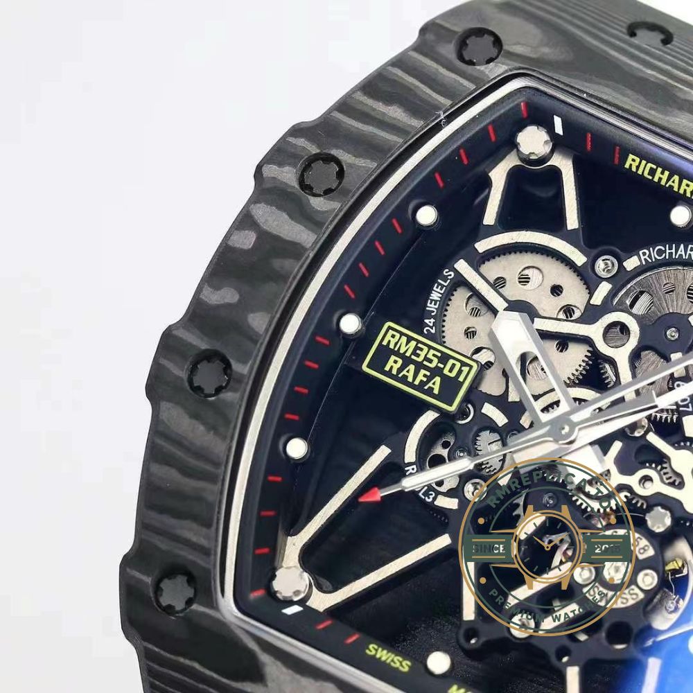 Top Swiss Replica Richard Mille RM35-01 Rafael Nadal skeleton carbon fiber case white rubber strap sport watch front view – richard mille replica