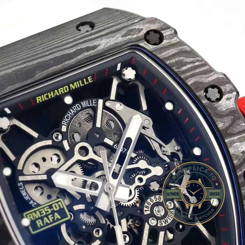 Richard Mille RM35-01 super clone Rafael Nadal skeleton watch front detail view with carbon fiber case and white strap – richard mille super clone