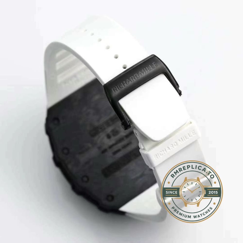 Fake Richard Mille RM35-01 Rafael Nadal skeleton carbon fiber case white strap sport watch angled side view – fake richard mille