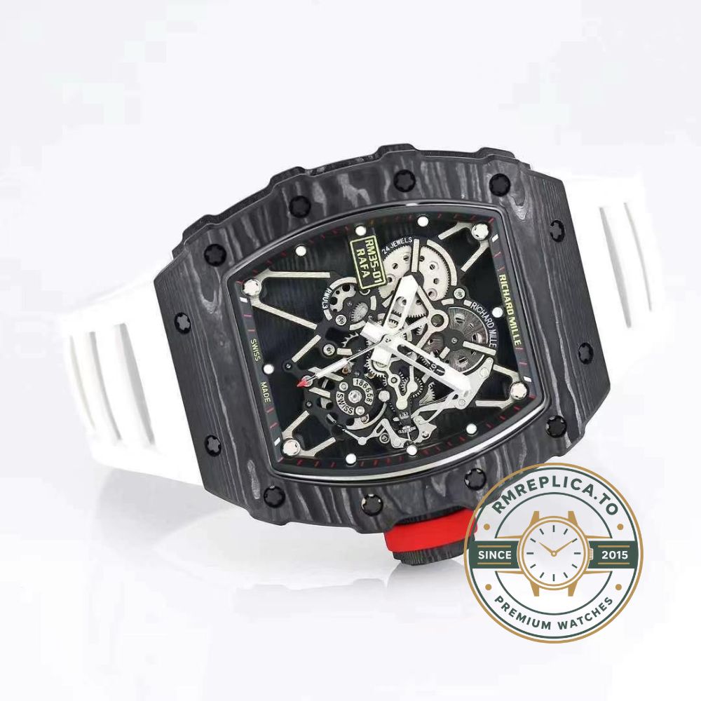 Replica Richard Mille watch RM35-01 Rafael Nadal skeleton dial close-up view with white rubber strap – replica richard mille watch