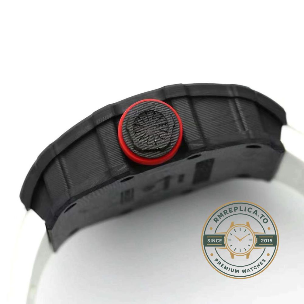 Richard Mille clone RM35-01 Rafael Nadal skeleton carbon fiber case white strap sport watch dial detail view – richard mille clone