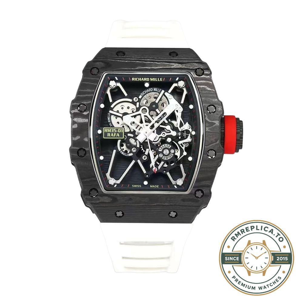 Best Richard Mille replica RM35-01 Rafael Nadal skeleton carbon fiber case white strap sport watch full watch angle view – best richard mille replica