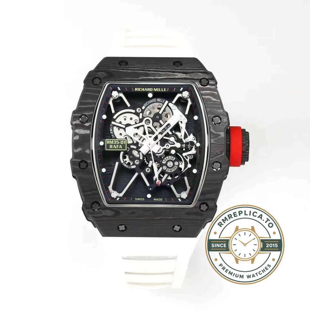 Imitation Richard Mille RM35-01 Rafael Nadal skeleton carbon fiber case white strap sport watch crown detail view – imitation richard mille